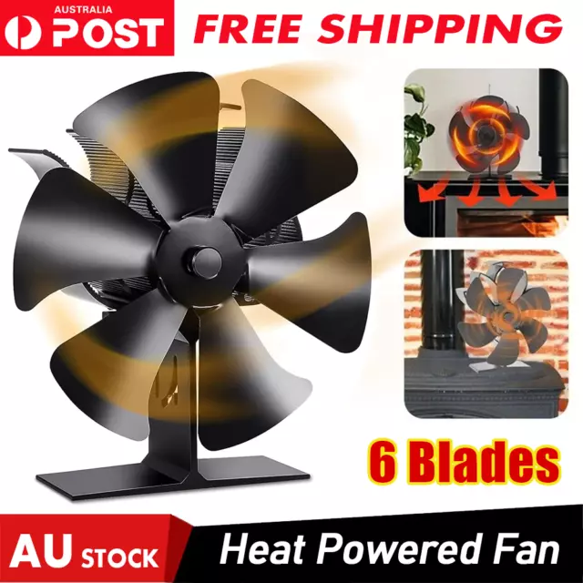 6 Blade Fireplace Fan Heat Self-Powered Wood Stove Top Burner Silent Eco Heater