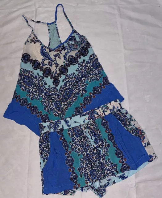 In Bloom Women’s Juniors Pajama Set Tank Top Shorts Size Small Blue Paisley