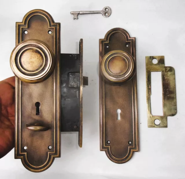Antique Door Set Victorian / Eastlake Backplate Knob Mortise Lock Key Reclaimed 2