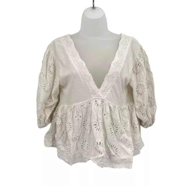 Free People Sweeter Side Top Women's XS Eyelet Embroidered Lace White Blouse