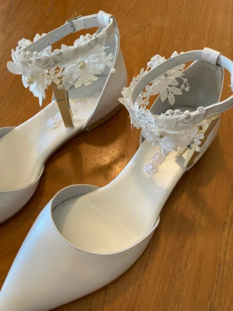 White Leather & Lace Pearl Wedding Flats for Brides * ankle straps *  Handmade