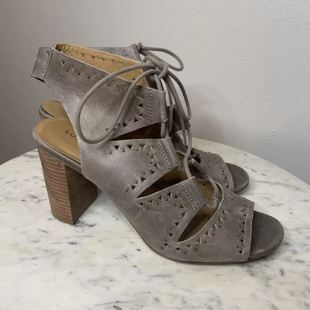 LUCKY BRAND Shoes Sandals Size 9.5 Heels Tan Taupe Suede Gray Lace Up ...