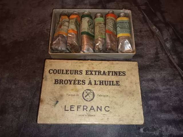 Ancienne Boite de 6 tubes couleurs extra-fine broyées à l'huile LEFRANC - 2 secs