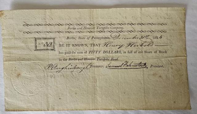 BERLIN & HANOVER TURNPIKE Co. STOCK CERTIFICATE 1814 - # 312 Adams County PA