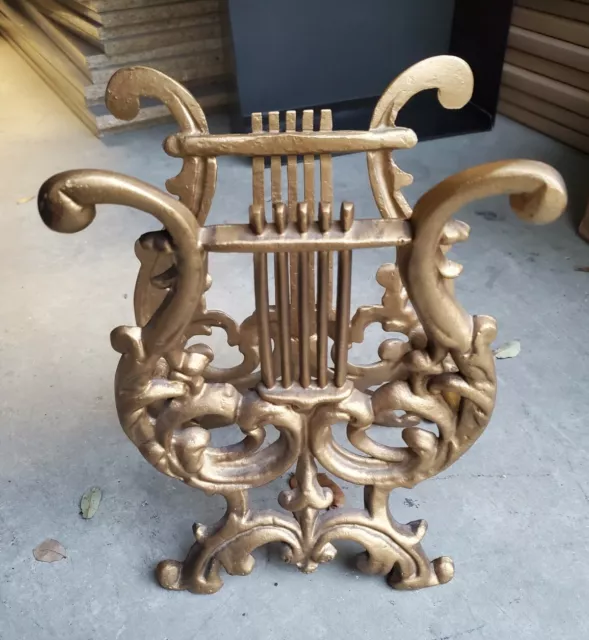 Vintage Unique Gold Cast Iron Lyre Harp Sheet Music Magazine Rack Holder