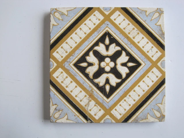 Antique 6" Victorian Mintons Diamond Pattern Wall Tile - C1868-1900 Blue,Black