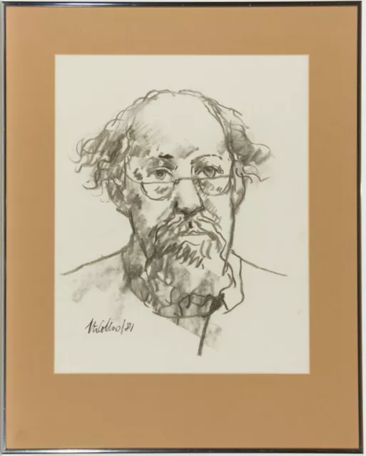 Peter Collins ARCA - Signed and Framed 1981 Charcoal Drawing, Self Portrait