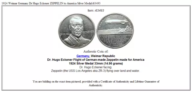 1924 Weimar Germany Dr Hugo Eckener ZEPPELIN to America Silver Medal i63493 3