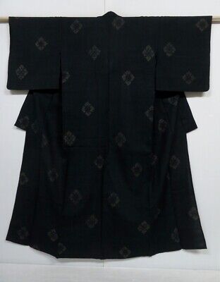 0202N05z620 Vintage Japanese Kimono Silk HITOE TSUMUGI Dark green-gray