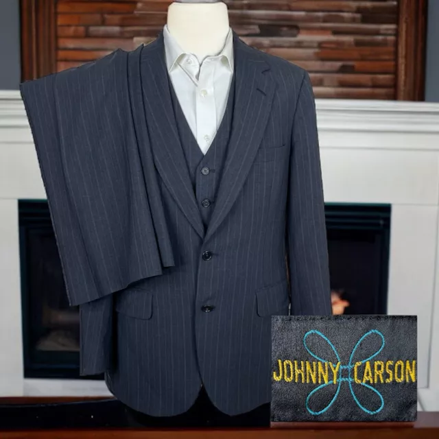 Johnny Carson 3 Piece Suit Mens 40R 34x30 Gray Stripe Vintage Flaw