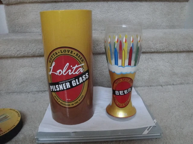 NIB Lolita Tall Hand Painted Happy Birthday 22 Oz Beer Glass  !