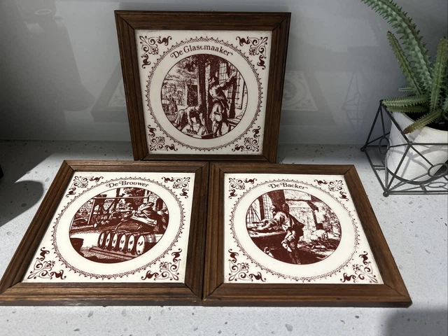 Antique Dutch DELFT Manganese TILES early 19th century art Pottery - Set Of 3