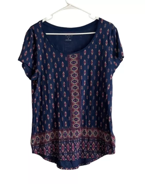 Lucky Brand Womens Top Large Pullover Blue Geometric Patterned Short Sleeve Boho