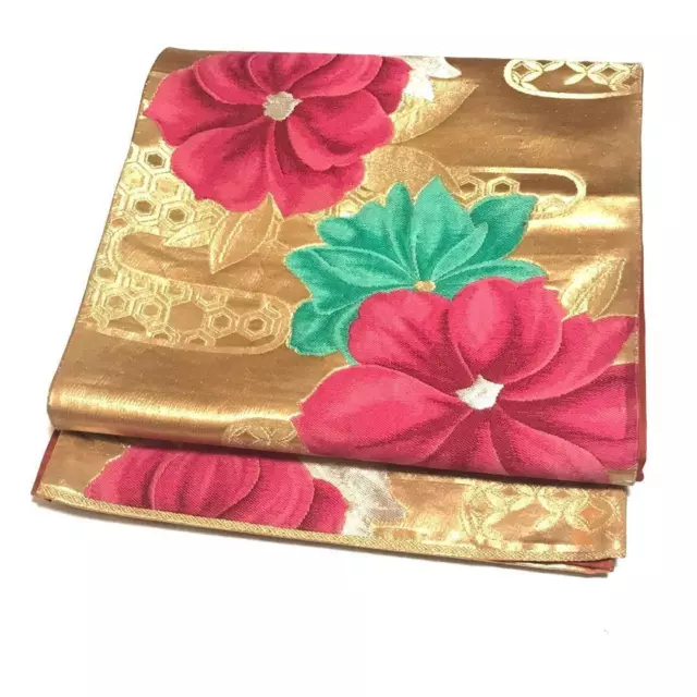 8604# Japonés Vintage Fukuro Obi Cinturón Kimono Flor de Seda Pura Oro