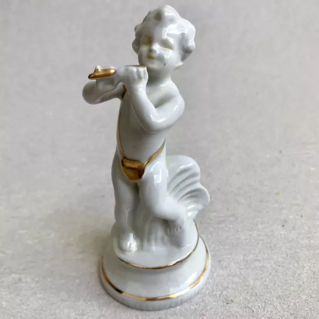 CAPODIMONTE Porcelain Boy Figurine Playing Flute White Gold N Crown Mark Italy