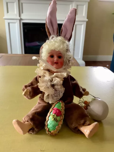 Antique German Bisque Doll In Velvet Rabbit Outfit 5"