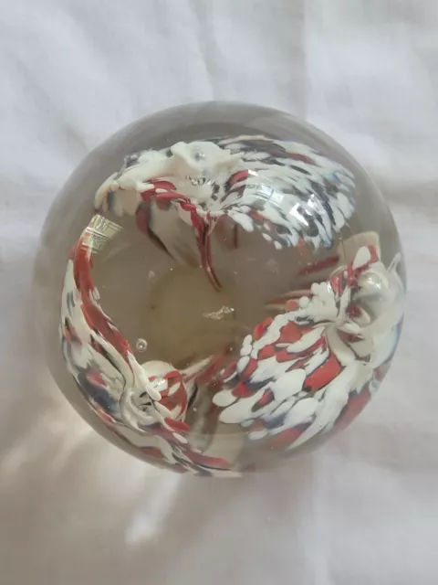 Vintage Art Glass Paperweight India Small Swirls Red Wite Grey Desk Office 7" 3