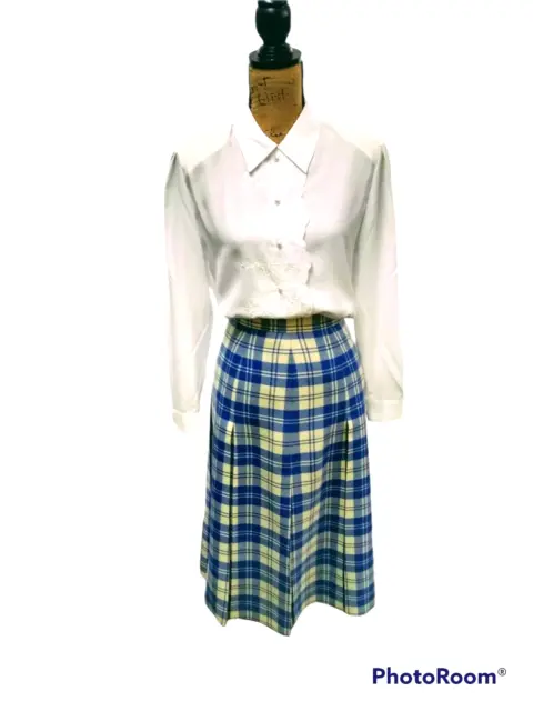 Vintage Pure Scottish Wool Blue White Plaid Womens A-line Pleated Lined Skirt 4
