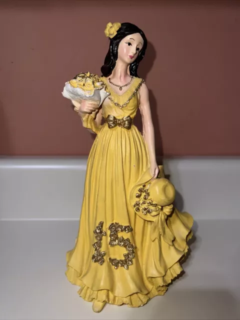 Quinceanera Girl Doll Dama Figurine Cake Topper 15th Birthday Resin 9.5” Yellow