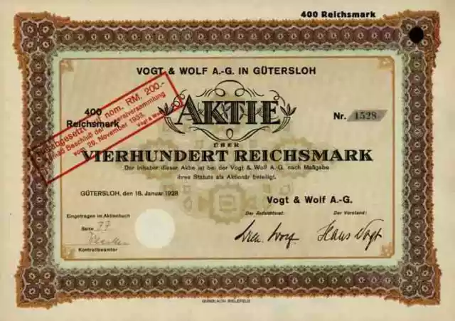 Vogt & Wolf AG 1928 Gütersloh Dr. Oetker Bielefeld Wurst Fleischkonserven 400 RM