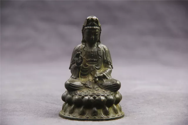 3" China old bronze handicraft Lotus guanyin Avalokiteshvara Buddha statue