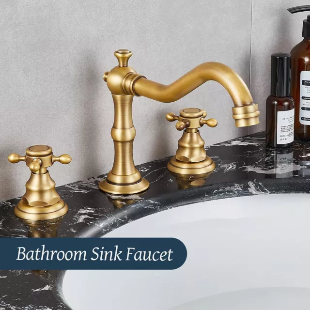 Bathroom Faucet Antique Brass 2 Handles 8" Wide-Spread Vanity 3 Holes Mixer Tap 2