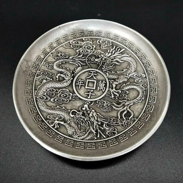 Old Chinese tibet silver handcarved dragon plate Qianlong Mark