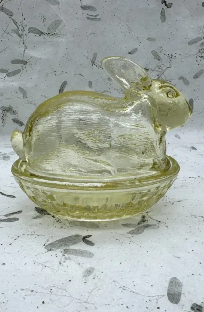 Vintage Yellow Glass Rabbit on Nest Bunny Basket Candy Trinket Dish