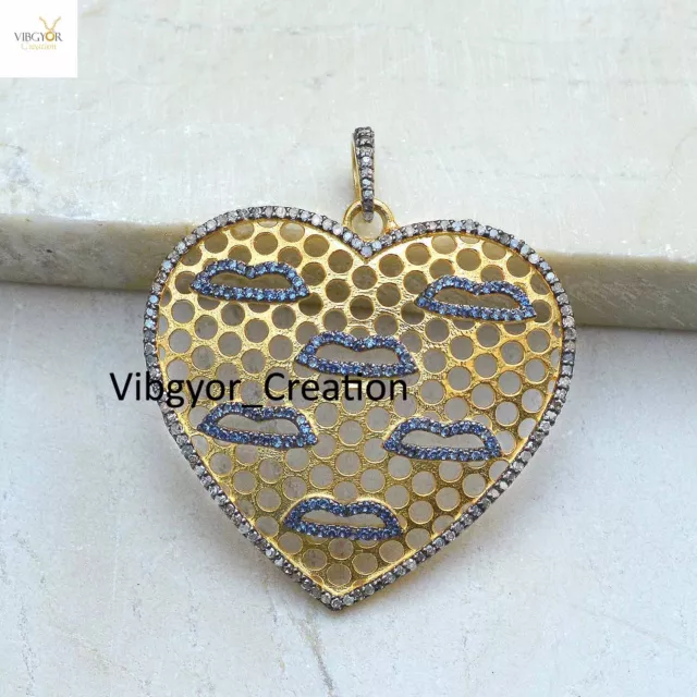 Natural Pave Diamond Heart Pendant 925 Solid Silver Gold Plated Sapphire Jewelry