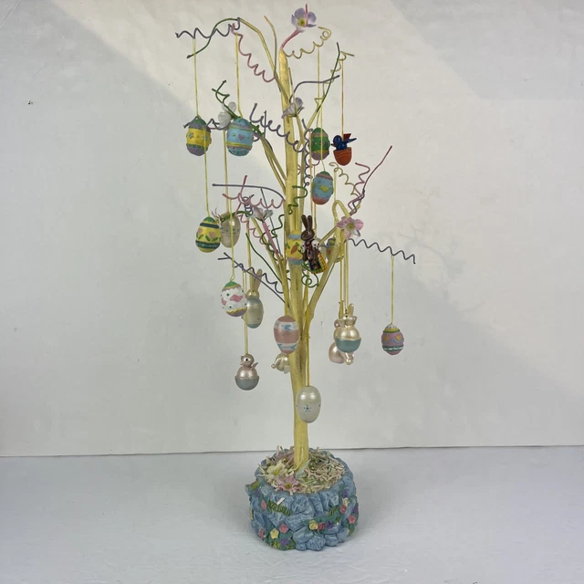 Vintage 18" Easter Tree w/ Wooden Hand Painted Eggs Bunny Bird 22 Ornaments