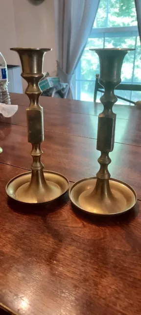 Vtg 1970's Pair Of Solid Brass Candlestick Holders Taper Art Deco MCM