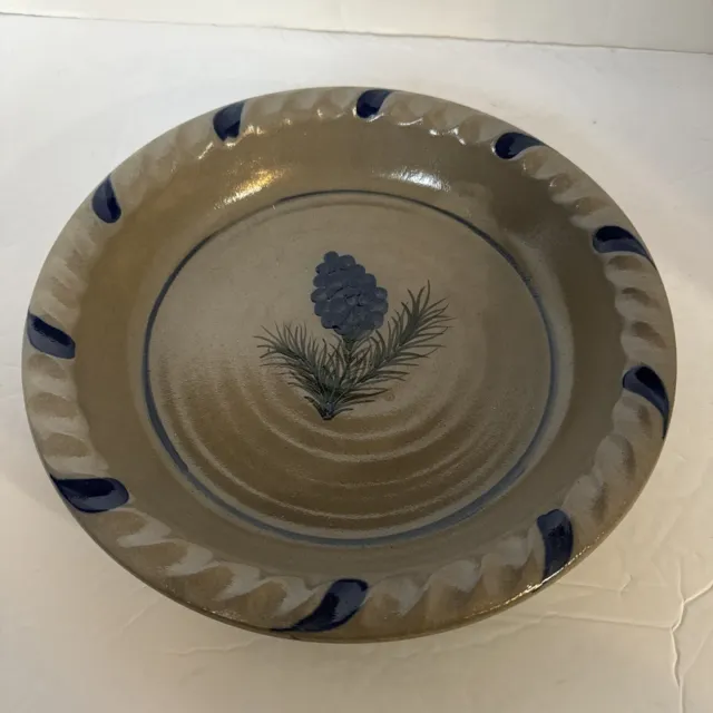 Vintage Rowe Pottery Works 10" Pie Plate Blue PINECONE Scallop