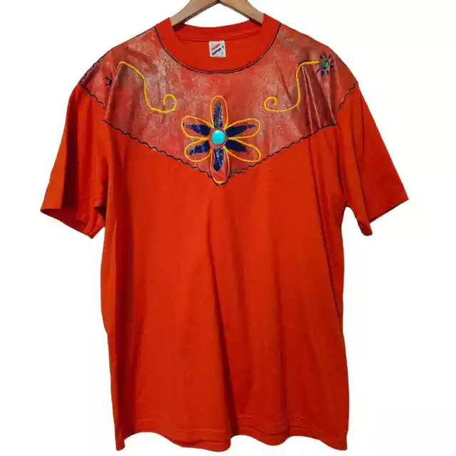 Vintage 80s Puff Paint Blouse Womens XL Orange Colorful Bright Top Floral Shirt