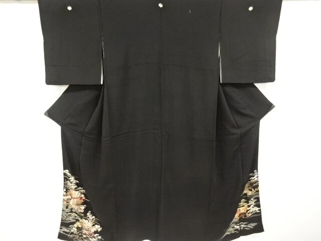 47658# Japanese Kimono / Antique Tomesode / Embroidery / Floral Cart