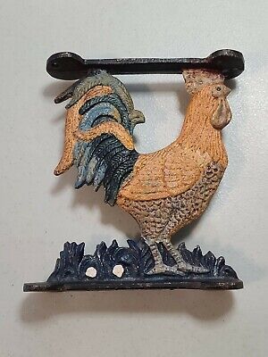 Vintage Rooster Cast Iron Two Sided Wall Hanger Vivid Colors Beautiful Condition