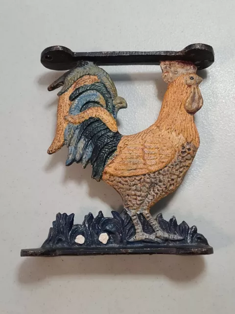 Vintage Rooster Cast Iron Two Sided Wall Hanger Vivid Colors Beautiful Condition