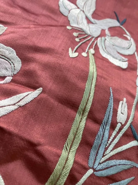 Vintage 1920s / 1930s Chinese Hand Embroidery On Pink Silk Satin 3