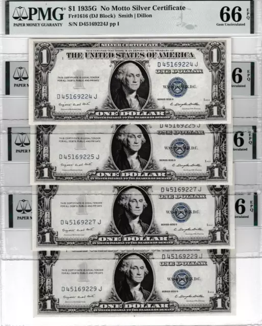 $1  1935 G  Silver Certificate Sn D 45169224 To 29 J  Buy One Note Of 4 Runs Pmg