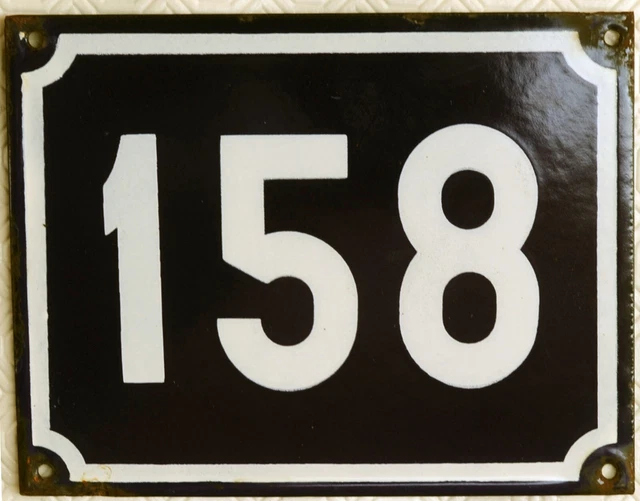 Large old blue French house number 158 door gate plate plaque enamel sign NOS