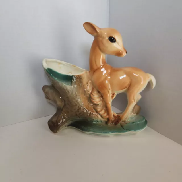 VTG Royal Copley Full Bodied Deer Fawn Planter Vase Tree Log Stump Greenery
