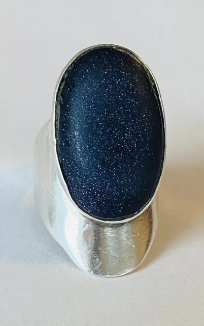 Vintage Taxco Mexico Sterling Silver Modernist Blue Goldstone Ring Size 9