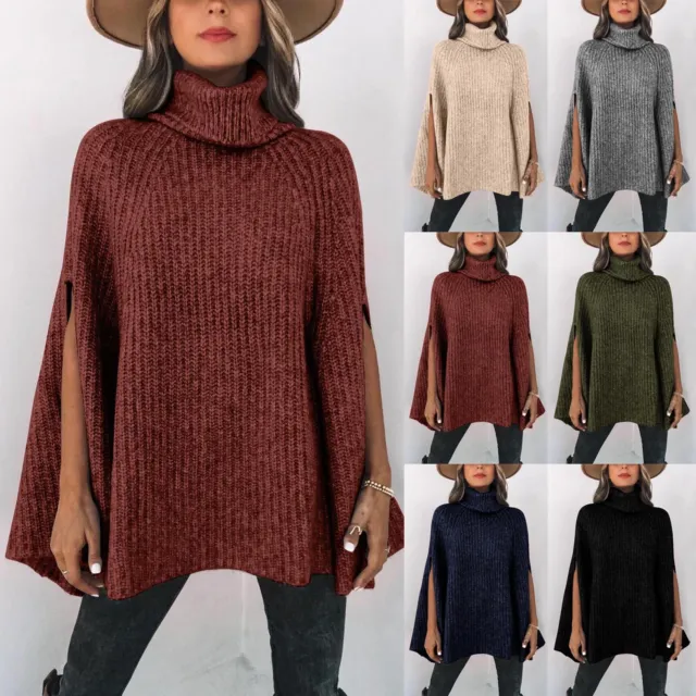 Women's Fall/winter Solid Color Turtleneck Cape Loose Sweater Knit Jumper Tops