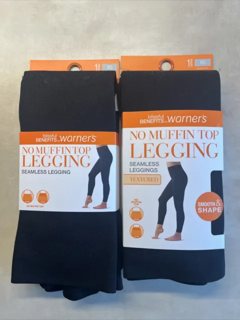 (2) WARNERS BLISSFUL BENEFITS SZ XS Black NO MUFFIN TOP LEGGINGS SEAMLESS