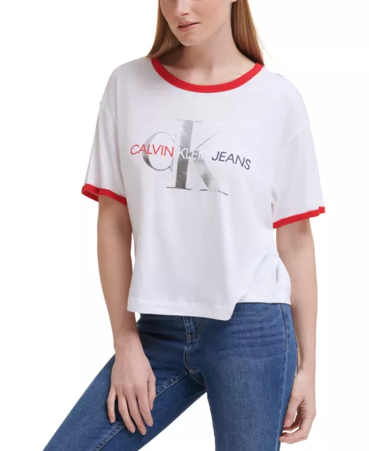 Calvin Klein Jeans Women's Americana Logo T-Shirt (Small, White)