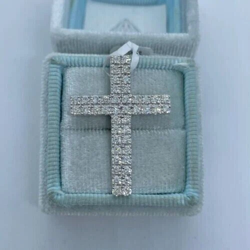 Real Moissanite 2Ct Round Cut Men's Cross Pendant 14K White Gold Plated Silver