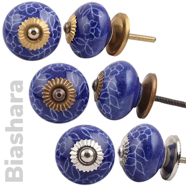Navy Blue floral DOOR KNOBS CERAMIC Cupboard Handles Wardrobe Drawer Pulls Dark