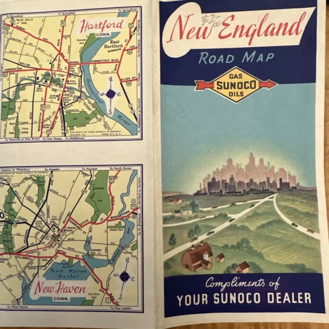 Rand McNally 1930’s New England road map Sunoco oil