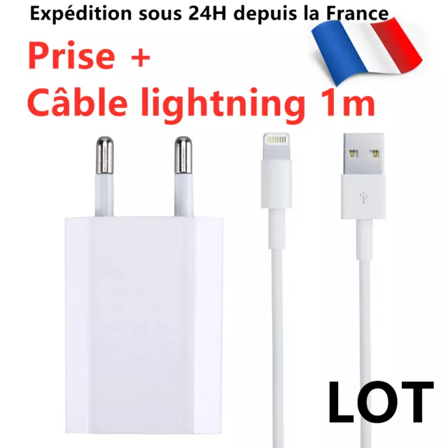CABLE USB CHARGEUR PRISE pour iPhone 6S/7/8/XS MAX/XR/11 - CHARGEUR SECTEUR USB