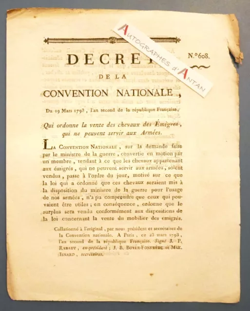 ● 1793 Décret Convention Nationale n°608 vente des chevaux des Emigrés / Armées