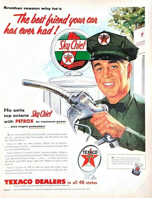 1955 Texaco Automobile Car Gasoline Vintage Print Ad Sky Chief With Petrox